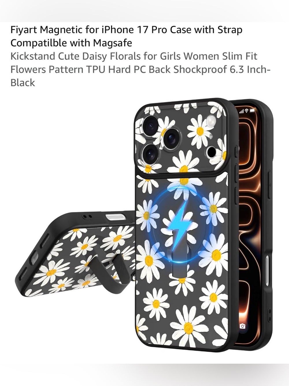 📱IP 17 pro Case with strap compatible with MagSafe 6.3 “ black daisy florals